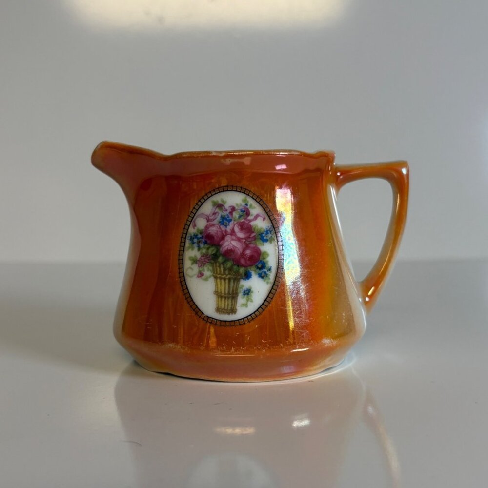 Eleanor Germany Orange Lusterware Porcelain Creamer Floral Design Vintage